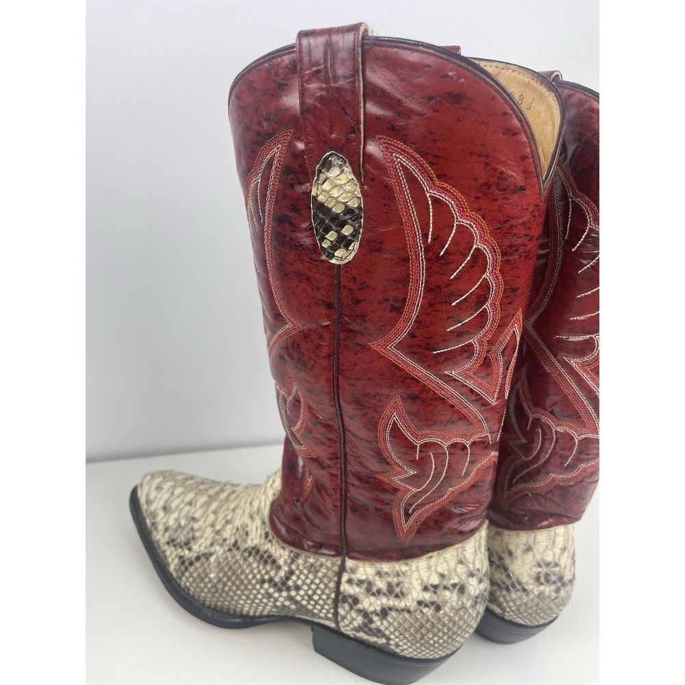 Vaquero Cowboy Boots Red Leather Uppers With White/black Snakeskin On Lower - Picture 6 of 16